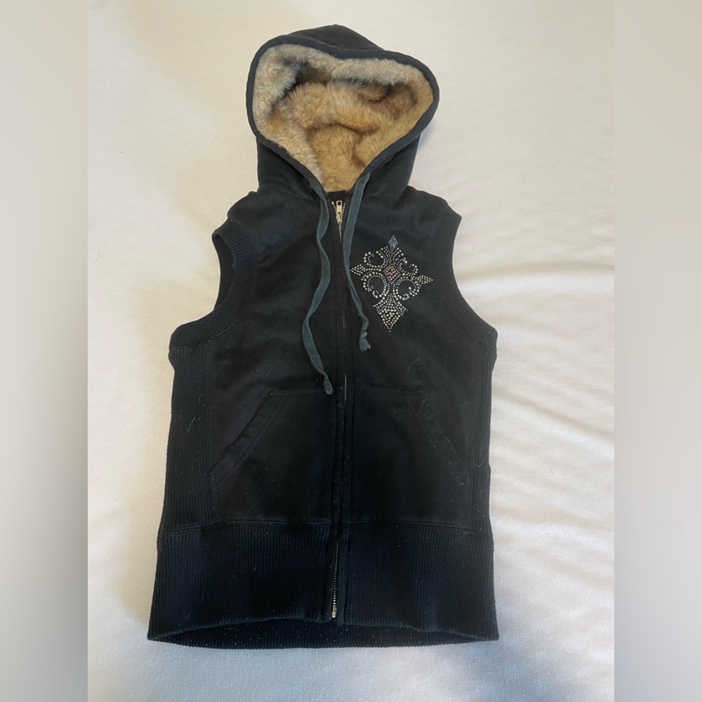 Black Hooded Vest with Faux Fur Lining